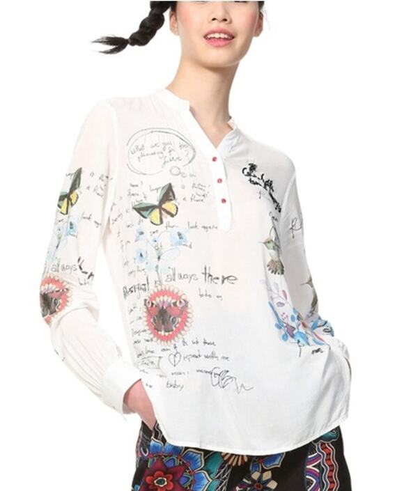 Desigual Tops - Desigual Graphic Print Blouse Womens XL White Long Sleeve Artsy Boho Sheer Tunic